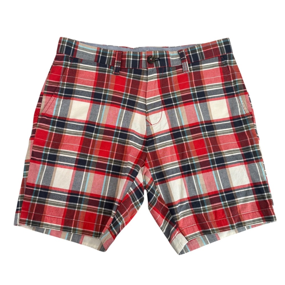 Tommy Hilfiger Mens 30 Plaid Chino Shorts Red Navy Blue‎ White Cotton 7" Inseam